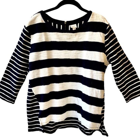 Navy Blue & White Striped Top Double Sided High/Low 3/4 Sleeve by Merona - Picture 12 of 13